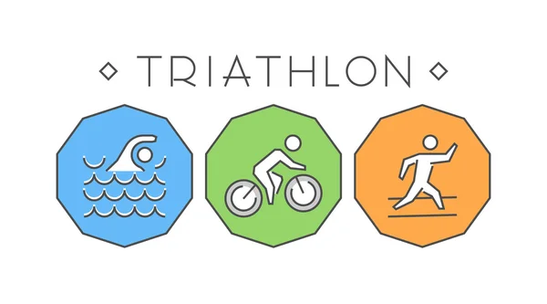 Logotipo de línea y triatlón plano. Icono de natación, ciclismo y carrera — Archivo Imágenes Vectoriales