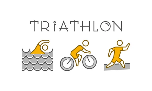 Lijn en platte triatlon logo. Zwemmen, fietsen en lopen pictogram — Stockvector