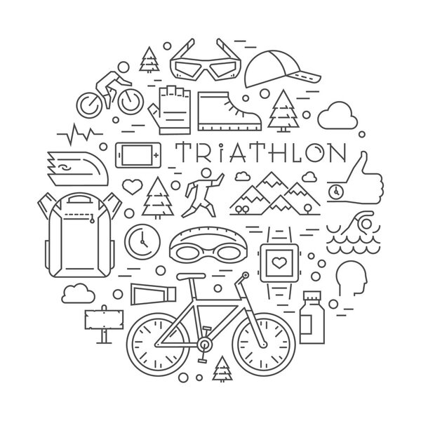 Line triathlon logo and icons. Vector sport label and badge for 