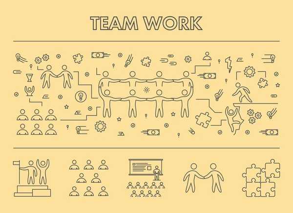 Banner web conceito de design de linha para o trabalho em equipe — Vetor de Stock