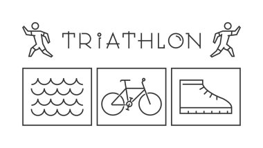 Çizgi ve düz triatlon logo ve sembolü. Vektör spor etiket ve 