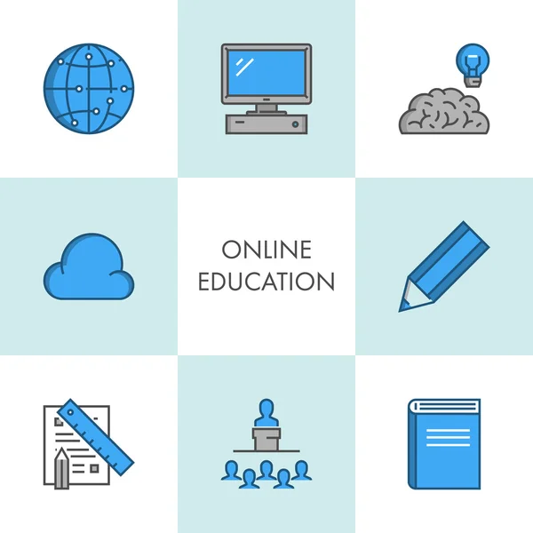 Ícone de educação on-line linha vetorial definido para web. Preto e azul . — Vetor de Stock