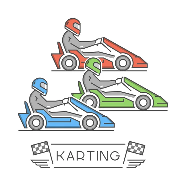 Logotipo y símbolo de karting en línea y plano. Silueta figuras kart r — Archivo Imágenes Vectoriales