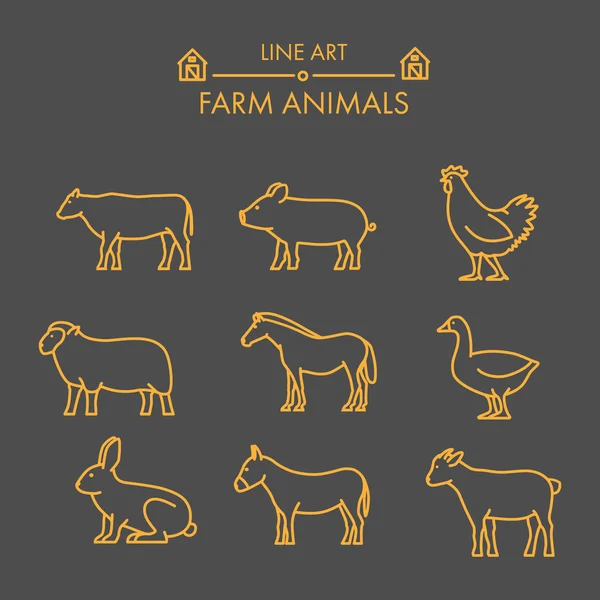 Vector line farm animals icon set. — Stock Vector