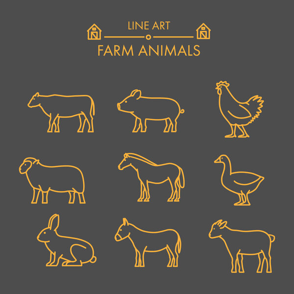 Vector line farm animals icon set.