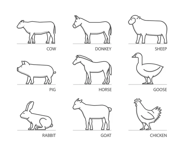 Linjära uppsättning gårdens djur. Vector siluetter djur isoleras — Stock vektor