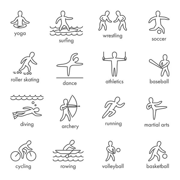 Γραμμικά διανυσματικά σχήματα αθλητές. Εικονίδιο και σύμβολα για δημοφιλή σπορ — Διανυσματικό Αρχείο