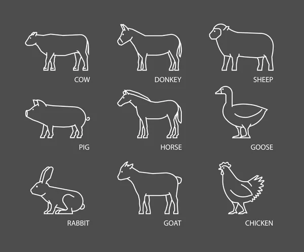 벡터 선형 농장 동물의 설정. 흰색 실루엣 동물 iso — 스톡 벡터