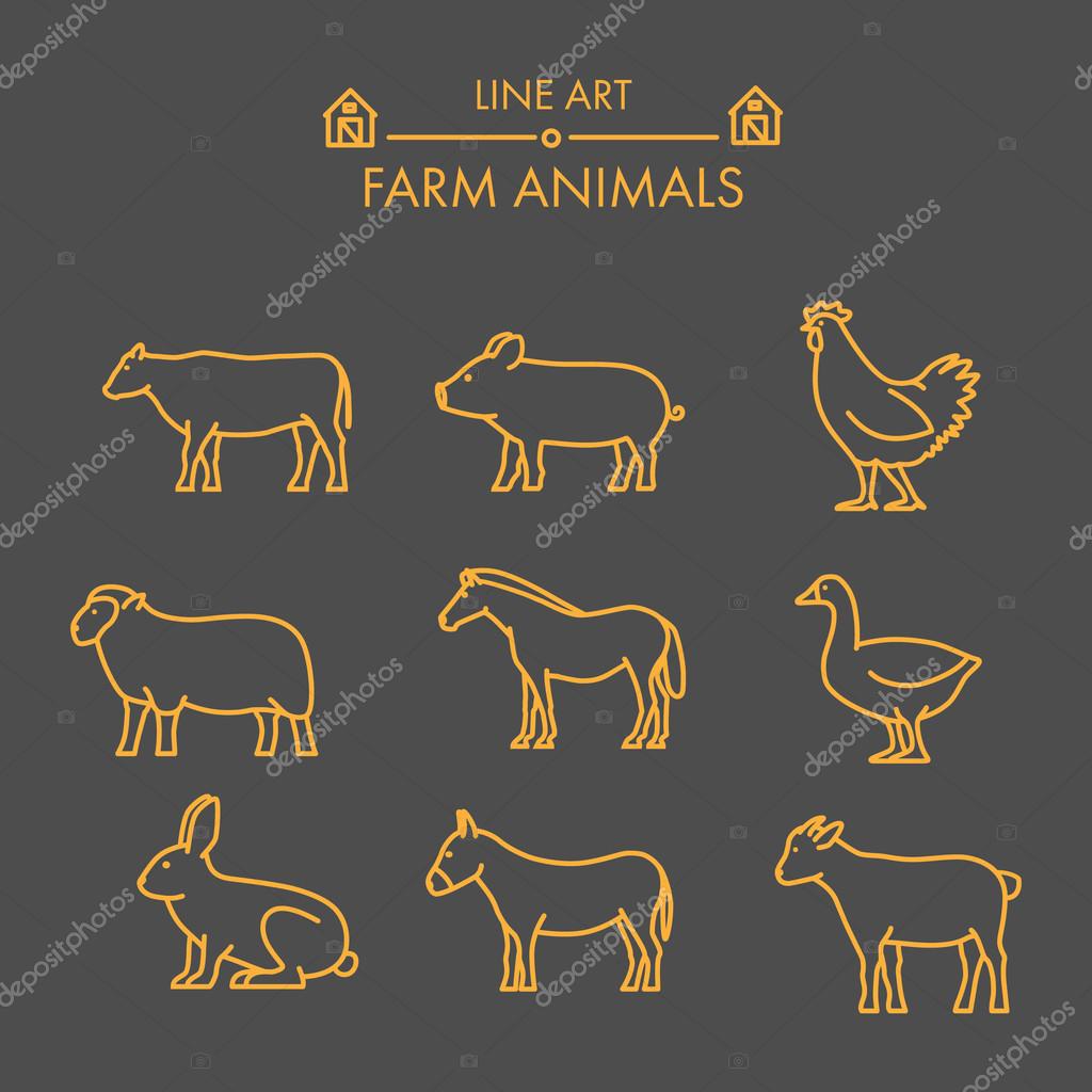 Vector line farm animals icon set. Linear figure cow, pig, chicken, horse, rabbit, goat, donkey and sheep