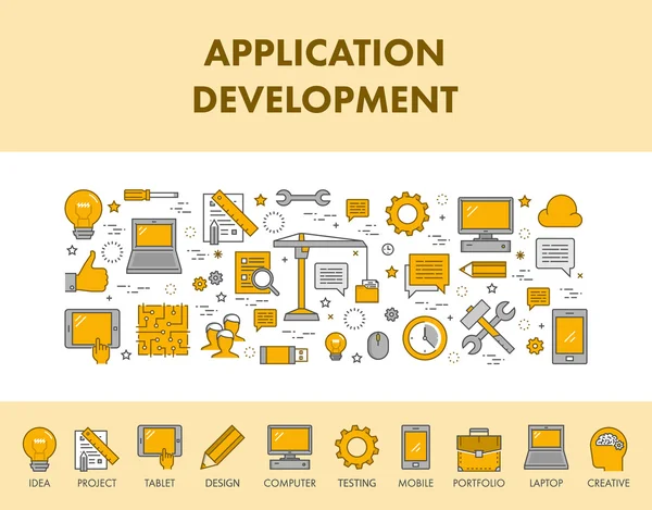 Линейный баннер и иконки для разработки приложений . — стоковый вектор