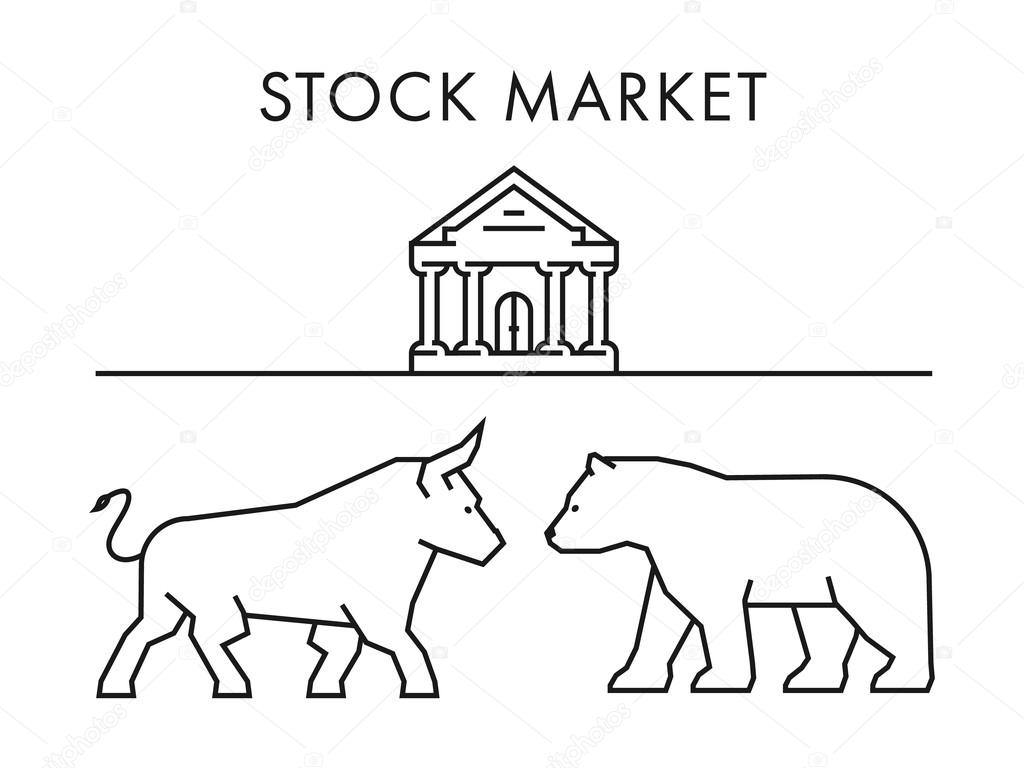 Line design concept for stock market. Vector silhouette figures bull and bear. Linear stock logo and symbol.