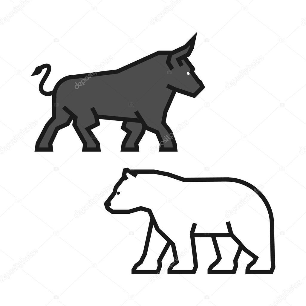 Linear concept for stock market on the rise and a fall. Vector line bull and bear. Line logo for gambling.