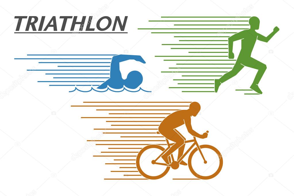 Vector logo triathlon on a white background. Flat figures triathletes. Swimming, cycling and running symbol.