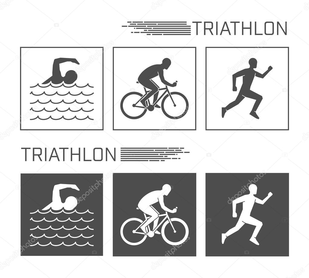 Vector logo triathlon. Flat figures triathletes on a white background. Swimming, cycling and running symbol.