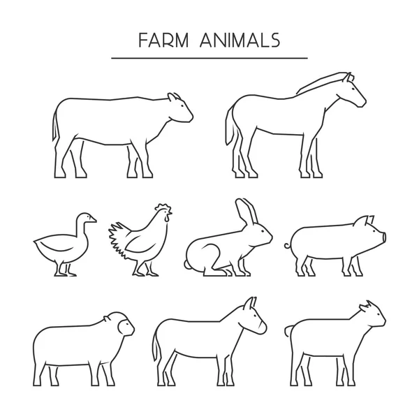 Línea vectorial de animales de granja. Siluetas animales aislados en — Vector de stock