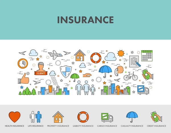Lijn ontwerp concept webbanner en pictogrammen voor verzekering. — Stockvector