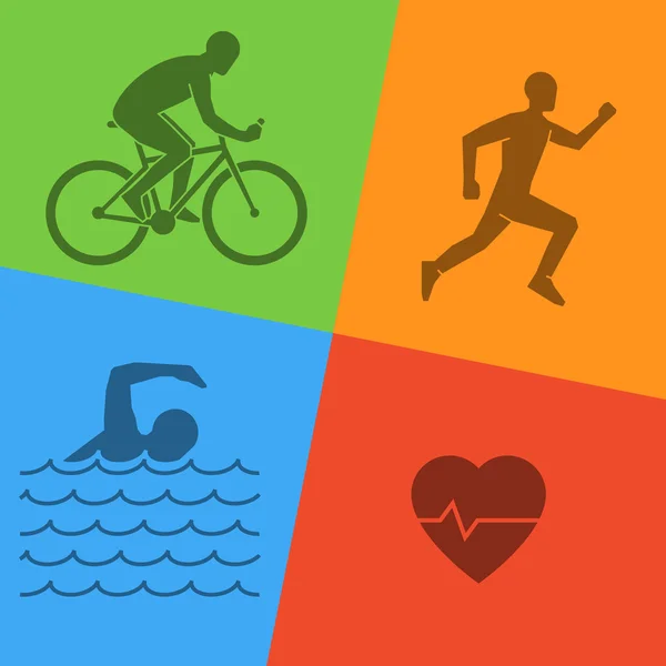 Çizgi ve düz triatlon logosu. Yüzme, Bisiklet ve simgesi çalışan