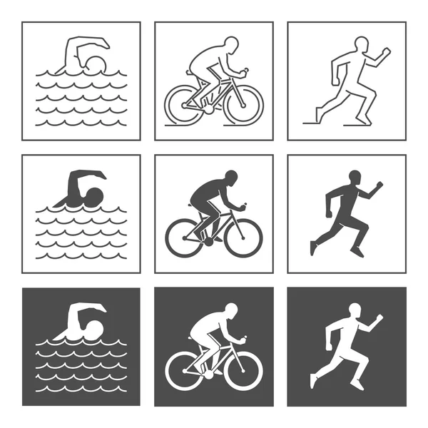 Logo vectorial triatlón. Figuras planas triatletas en un respaldo blanco — Vector de stock