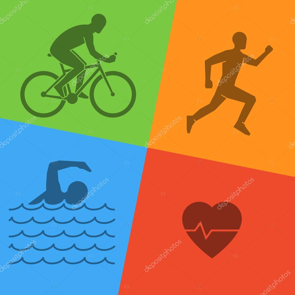Line and flat triathlon logo. Swimming, cycling and running icon. Silhouettes of figures triathlete. Vector sport symbol.