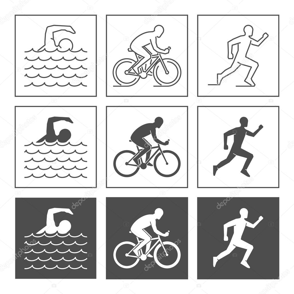 Vector logo triathlon. Flat figures triathletes on a white background. Swimming, cycling and running symbol.