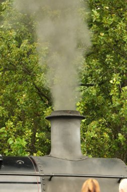 Kömür dolu buharlı lokomotif, yol boyunca ilerliyor.
