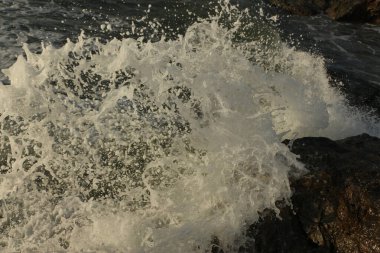 Atlantik dalgaları Carlyon körfezine doğru süpürüyor kumsaldaki kumu temizliyor ve İngiltere 'nin güney kıyısı ve Cornwall ilçesi açıklarındaki fırtınayı takiben kayaların üzerine çarpıyor.