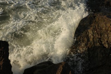 Atlantik dalgaları Carlyon körfezine doğru süpürüyor kumsaldaki kumu temizliyor ve İngiltere 'nin güney kıyısı ve Cornwall ilçesi açıklarındaki fırtınayı takiben kayaların üzerine çarpıyor.