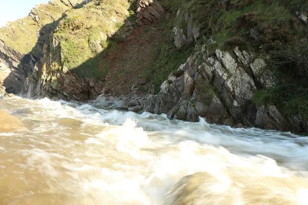 Heddon River Swollen Heavy Rainfall Floodwater Crashing Heddon Valley Way — Stock Photo, Image