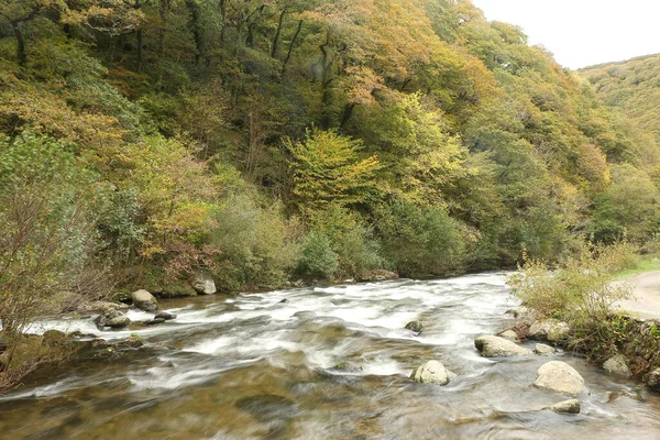Podzimní Voda Kaskádovitě Stékající Peřejemi Řeky Lyn Při Chůzi Stezkách — Stock fotografie