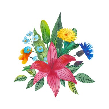 Kardelen, zambak, karahindiba, karahindiba, çiçek, bitki ve yapraklardan oluşan suluboya çiçekleri.