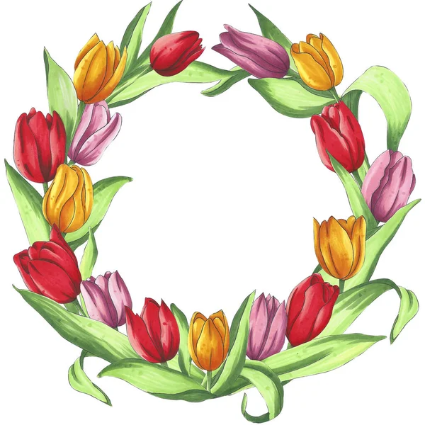花的夏天框架由郁金香和树叶制成 标记草图 用于设计站点 出版物 社交网络 印刷品 — 图库矢量图片