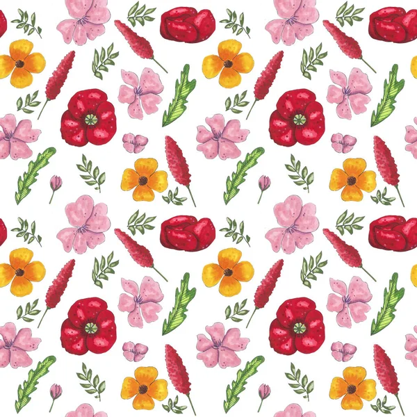 玉米花 郁金香 香草和树叶的无缝质感 标记草图 用于网站 出版物 社交网络 印刷品的设计 — 图库矢量图片