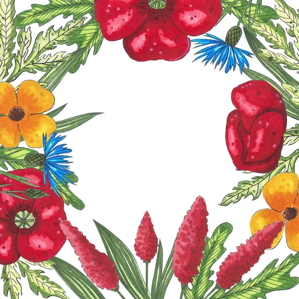 用罂粟 玉米花和树叶制成的花夏季框架 标记草图 用于设计站点 出版物 社交网络 印刷品 — 图库矢量图片