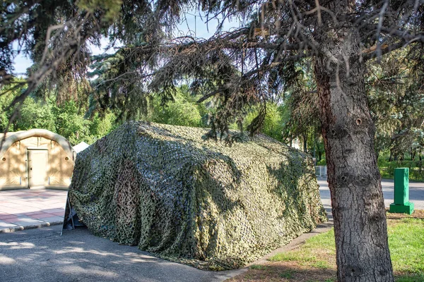 Yazın açık havada bir ağaçta kamuflaj askeri çadırı..