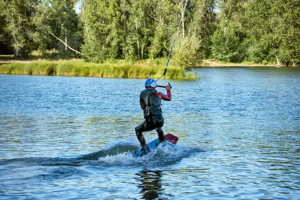 Man Wakeboarding Lake Summer Day Life Jacket Soft Focus Action — Stock Photo, Image