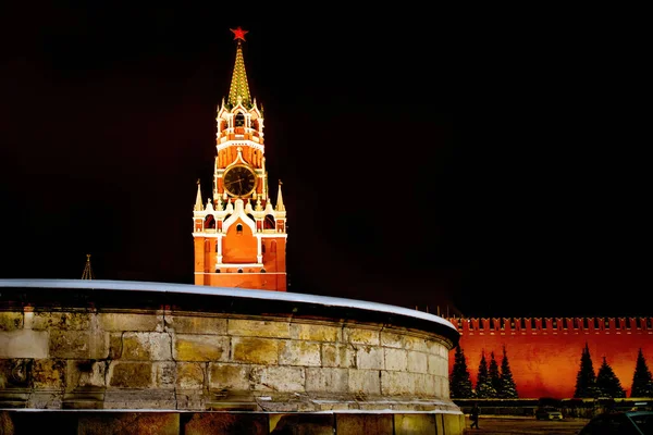 Splended View Moscow Kremlin Spasskaya Tower Red Square Illuminated Winter — Stock Photo, Image