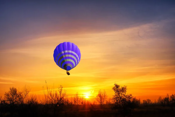 Blauer Heißluftballon Vor Dem Hintergrund Des Leuchtend Roten Sonnenuntergangs — Stockfoto