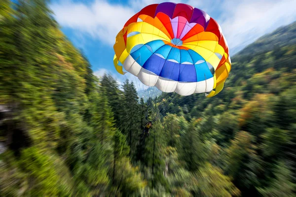 Parapente Usando Paraquedas Fundo Altas Montanhas Dos Alpes Com Floresta — Fotografia de Stock