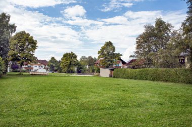 Çimler, ağaçlar, yeşil çitler ve yaz parkındaki evler.