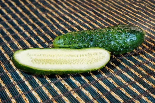 Fresh Green Cucumbers Brown Mat — Stock Photo, Image