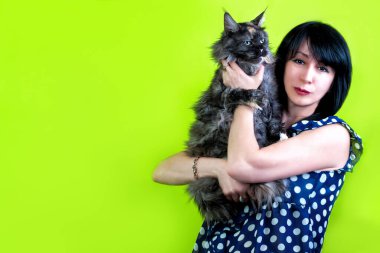 Sarı arka planda bir kadının kollarında büyük bir rakun yavrusu..