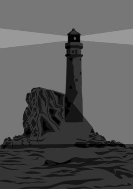 Geceleyin deniz kıyısındaki kayalıklarda gerçekçi deniz feneri