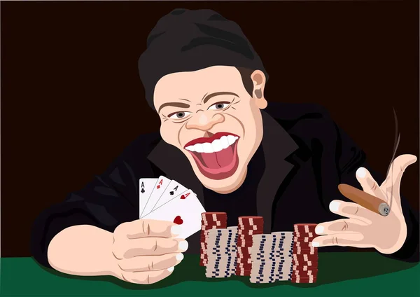 Alegre jugador de póquer con cuatro ases. Buen juego. — Vector de stock