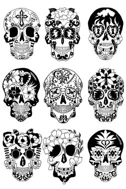 Ölü Kutlama Festivali ve Cadılar Bayramı 'nın Meksika bayramı. Poster, kart, parmak izi, amblem, dövme, tişört ve geçmiş için kurukafa şekeri. Siyah ve beyaz vektör çizimi.