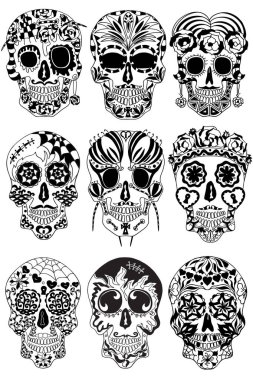 Ölü Kutlama Festivali ve Cadılar Bayramı 'nın Meksika bayramı. Poster, kart, parmak izi, amblem, dövme, tişört ve geçmiş için kurukafa şekeri. Siyah ve beyaz vektör çizimi.