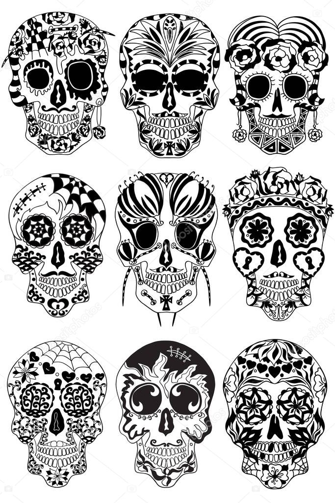 Mexican holiday Day of the Dead Celebration Festival and Halloween. Sugar skulls set  for poster, card, print, emblem, sign, tattoo, t-shirt, background.  Black and white vector illustration.