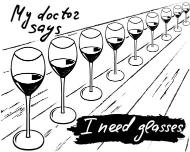 Gözlüğe ihtiyacım var. Posterler, kafe ve bar için komik bir deyiş, tişört tasarımı. Fırça kaligrafi. Şişenin, camın ve harflerin el çizimi. Vektör tasarımı