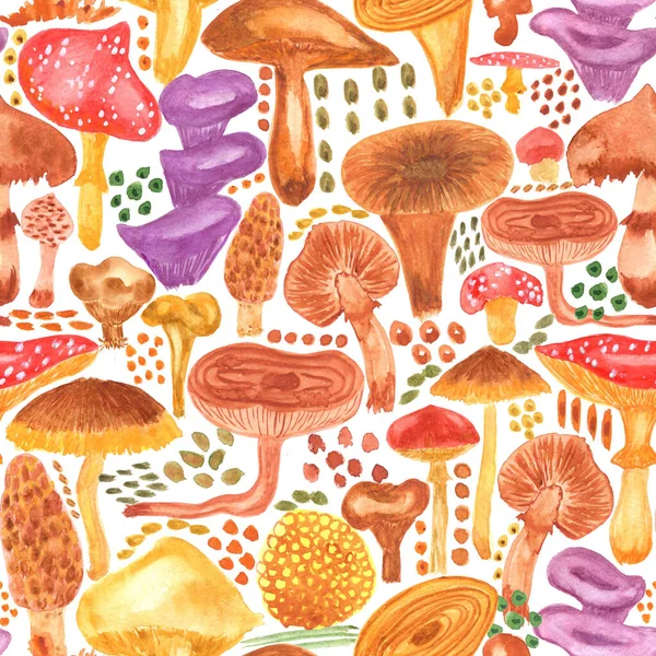 Colorful watercolor mushrooms seamless  pattern.  Hand Illustration for creating fabrics, wallpapers, gift wrapping paper, invitations, textile, scrapbooking.  Isolated on white background.