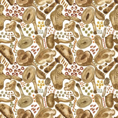 Mantarlı kusursuz suluboya arka plan. Kumaş, duvar kâğıdı, hediye ambalajı, davetiye, tekstil, koleksiyon kitabı yapmak için desen. Beyaz arkaplanda izole.