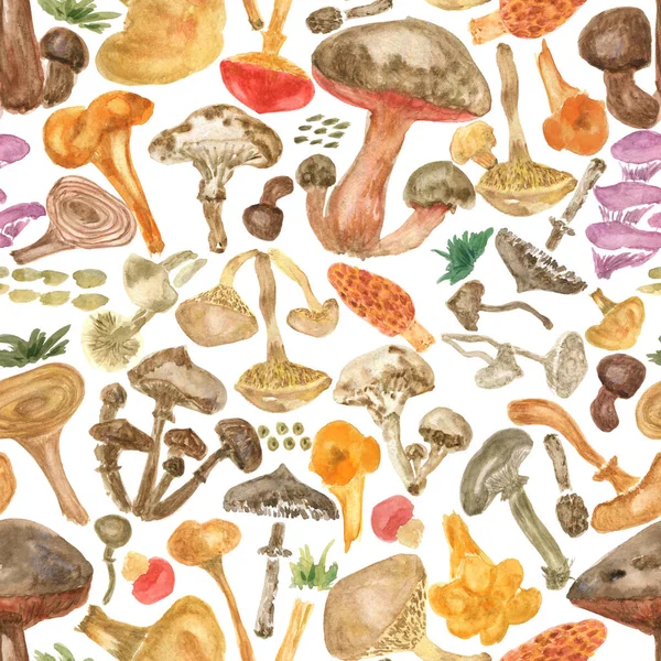 Nahtloser Aquarell Hintergrund Mit Pilzen Muster Zum Erstellen Von Stoffen — Stockfoto